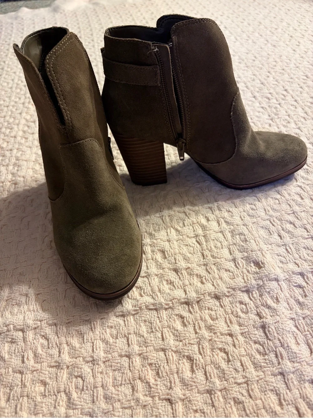 Gianni Bini Olive Green Suede Ankle Booties with Stacked Heel